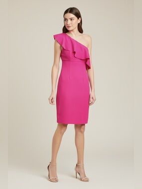Trina Turk One Shoulder Ruffle Mini Crepe Dress in Fluorescent Berry Size 12 NEW